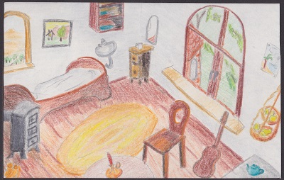 Cozy music room with a classical guitar on the wall